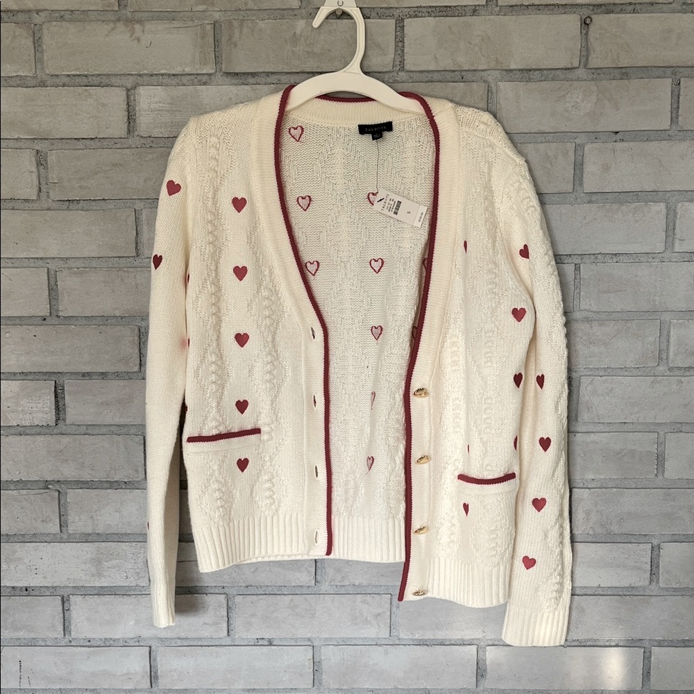 Talbots Cream Cardigan with Red Heart Details